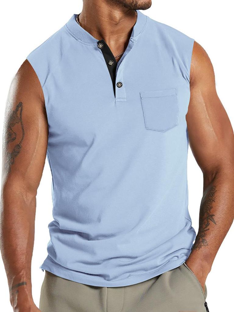 Men's Sleeveless Men's V-neck Button Sport Breathable Wide Shoulder Man T-shirt