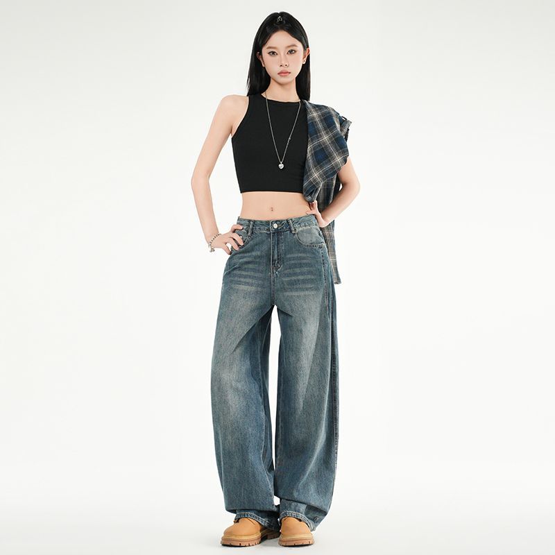 Spring Summer Street Style Relaxed Straight Saber Cut Denim Pants For Ladies Casual Pants Oversize Denim Trousers