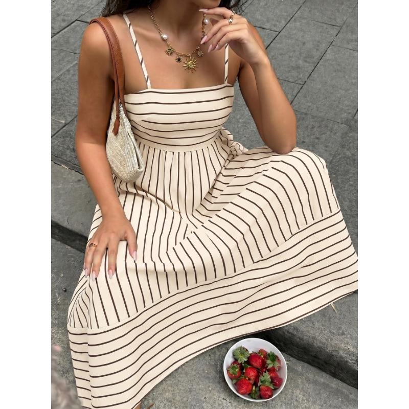 Women Striped Backless High Waist Suspender Maxi Casual Vacation Dress