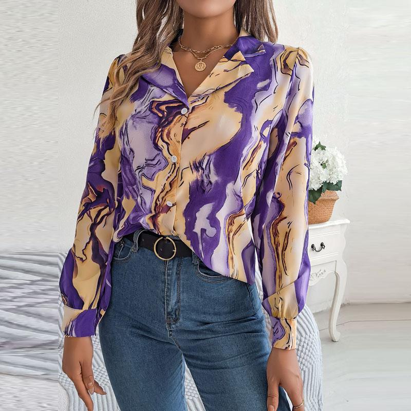 Spring Autumn Contrasting Color Shirts Women Casual Notched Long Sleeve Single Breasted Blouse Elegant Office Lady Clothes
