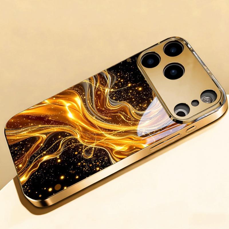 Funda de teléfono premium de cristal galvanizado para iPhone 17, 16, 15, 14, 13, 12, 11pm Pro Plus. Diseño de meteorito y luna dorados.