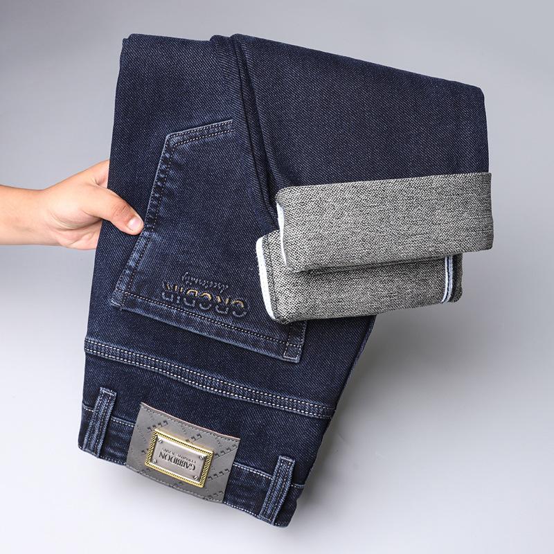 Winter Thick High-Quality Jeans Men'S Straight Leg Cotton Elastic Brushed Bottom Warm Business Casual Men'S Denim Pants