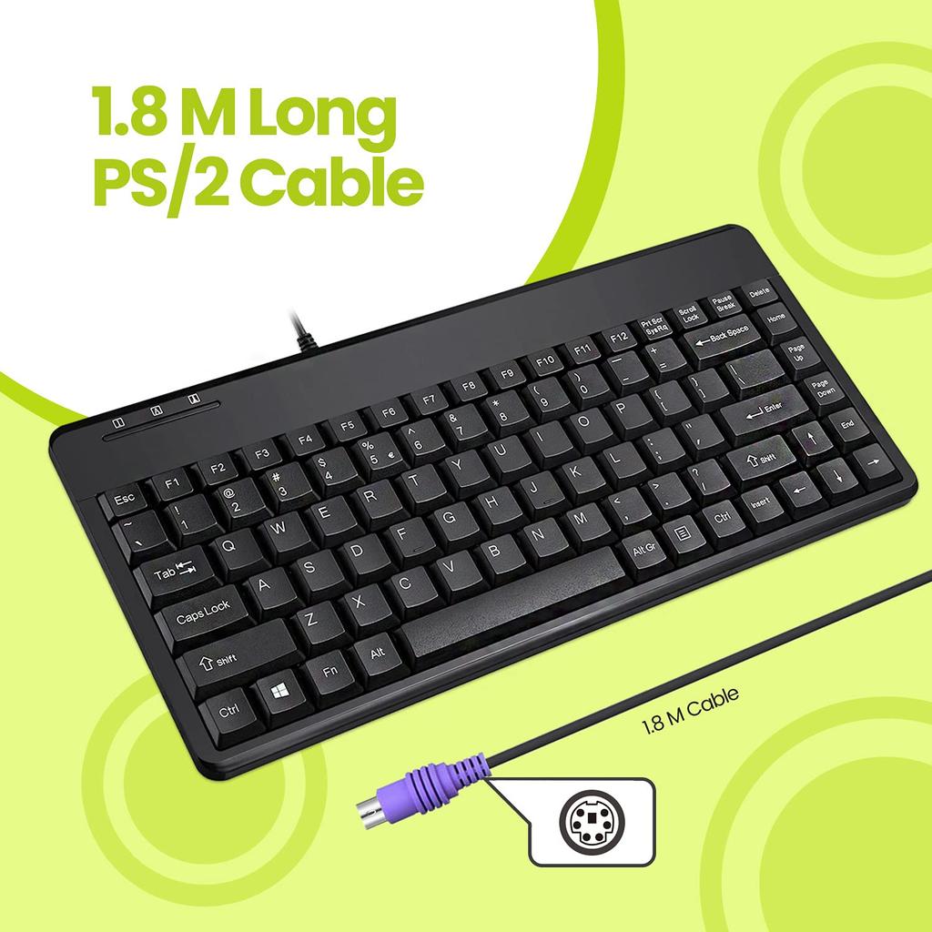 Perixx PERIBOARD-409P Wired PS2 Mini Keyboard with PS2 Connection, Piano Black, 1.8m Cable, Tenkeyless, Dimensions: 315x147x20mm [Official Warranty]