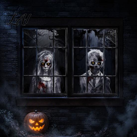 Spökhus Dekorationer 2 st Halloween Skräck Fönsterklistermärken 80x120cm Spöklikt Spöke Skelett Läskigt Heminredning Klistermärken för Glas,