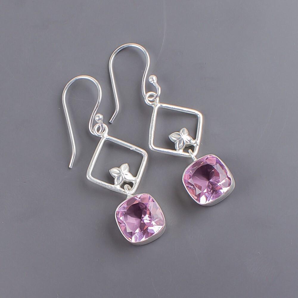 Pink Beryl Gemstone 925 Sterling Silver Jewelry Handmade Designer Earrings 1.70" EE-10-11
