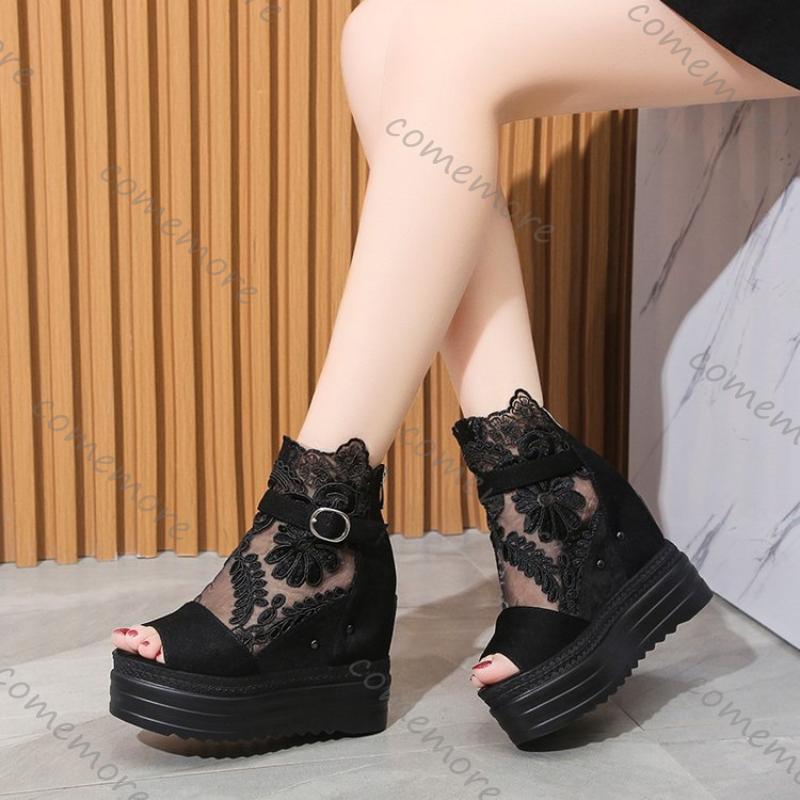 Fashion Comemore Summer Buckle Platform Sandals Women Cool Boots 10cm Wedges High Heel Height Increasing Peep Toe Lace Breathable Shoes