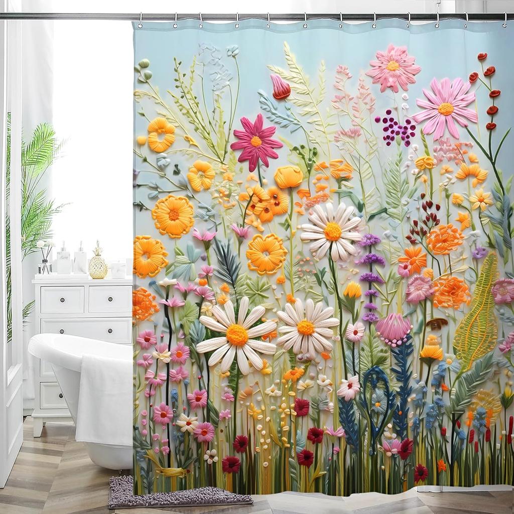 Cottage Floral Shower Curtain - Pink/Lavender Butterfly Design, Waterproof Washable Fabric, with Hooks, Modern Farmhouse Decor