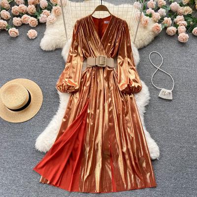 RUGOD European and American Dresses High-end Temperament V-neck Waist Thin and Light Mature Style Large-swing Long Dress Women