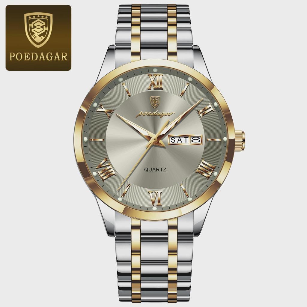POEDAGAR Luxury Man Clock Waterproof Luminous Week Date Fashion Men's Wristwatch Stainless Steel Business Quartz Watches For Men