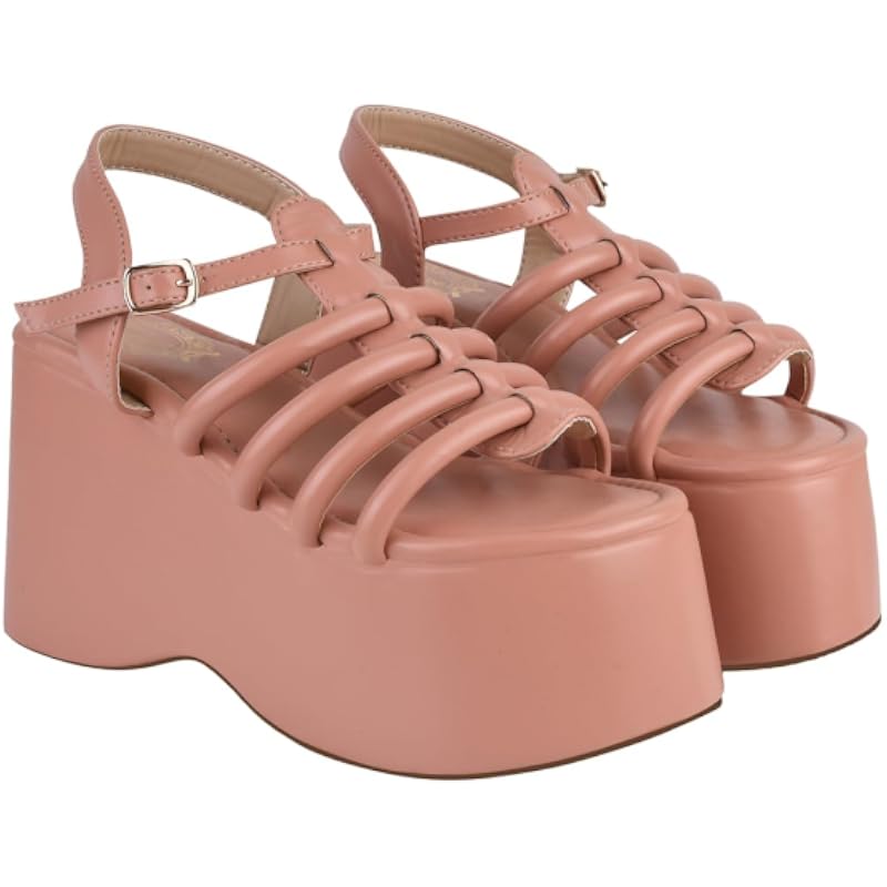 Shoetopia Women'S Peach Platform Sandals Chunky Wedge Gladiator Style|| Caged Straps & Adjustable Buckle Trendy Summer