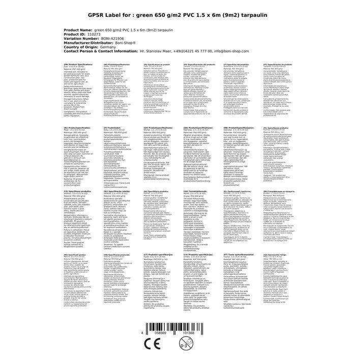 Bâche PVC verte 650g, Bâche de protection, Bâche étanche et résistante, 1,5 x 6m (9m²)