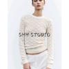 Spring New Women's Clothing Fashion Style Jacquard Mesh Long Sleeves round Neck Cut Out Simple Knitwear 3471010