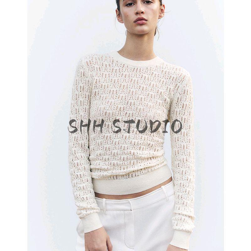 Spring New Women's Clothing Fashion Style Jacquard Mesh Long Sleeves Round Neck Cut Out Simple Knitwear 3471010