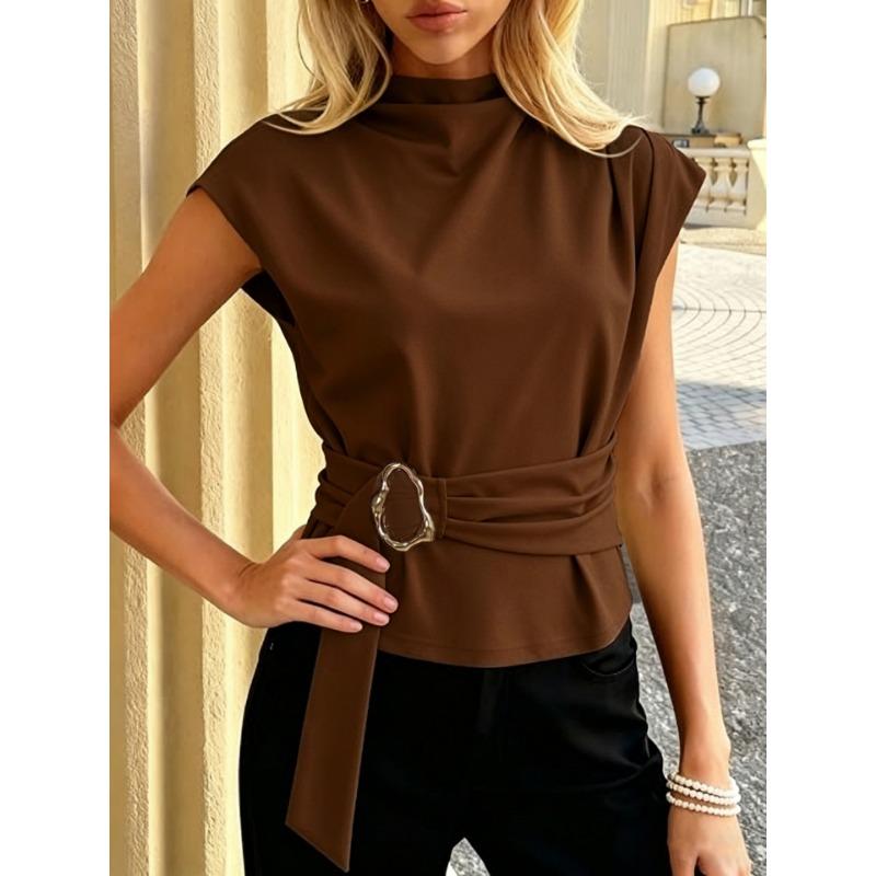 High Neck Sleeveless Metal Buckle Belt Waist Cinching Slim Fit Commuter Blouse
