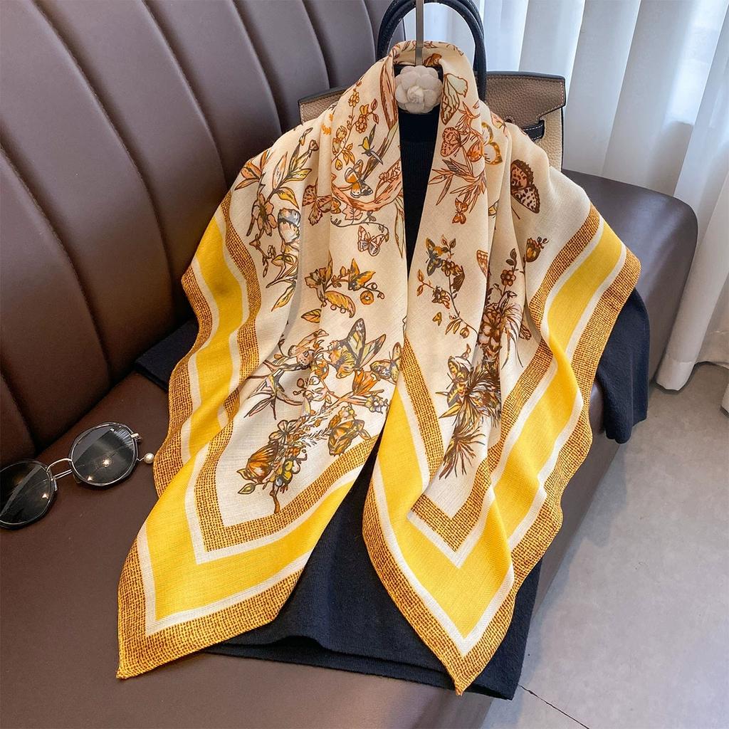 90X90Cm Vintage Butterfly Print Handkerchief Scarf For Women Imitation Silk Shawl Scarfs Female Square Head Scarves