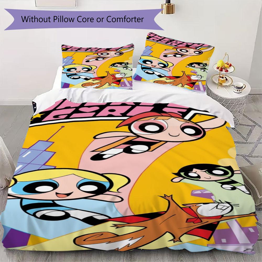 Cartoon Powerpuff Girls print children's duvet cover set, soft and skin-friendly, available in multiple sizes, bedroom bedding.