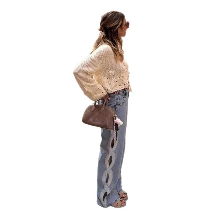 Women's High-waisted Loose-fit Straight-leg Jeans with Side Cut-outs and A Distressed Wash