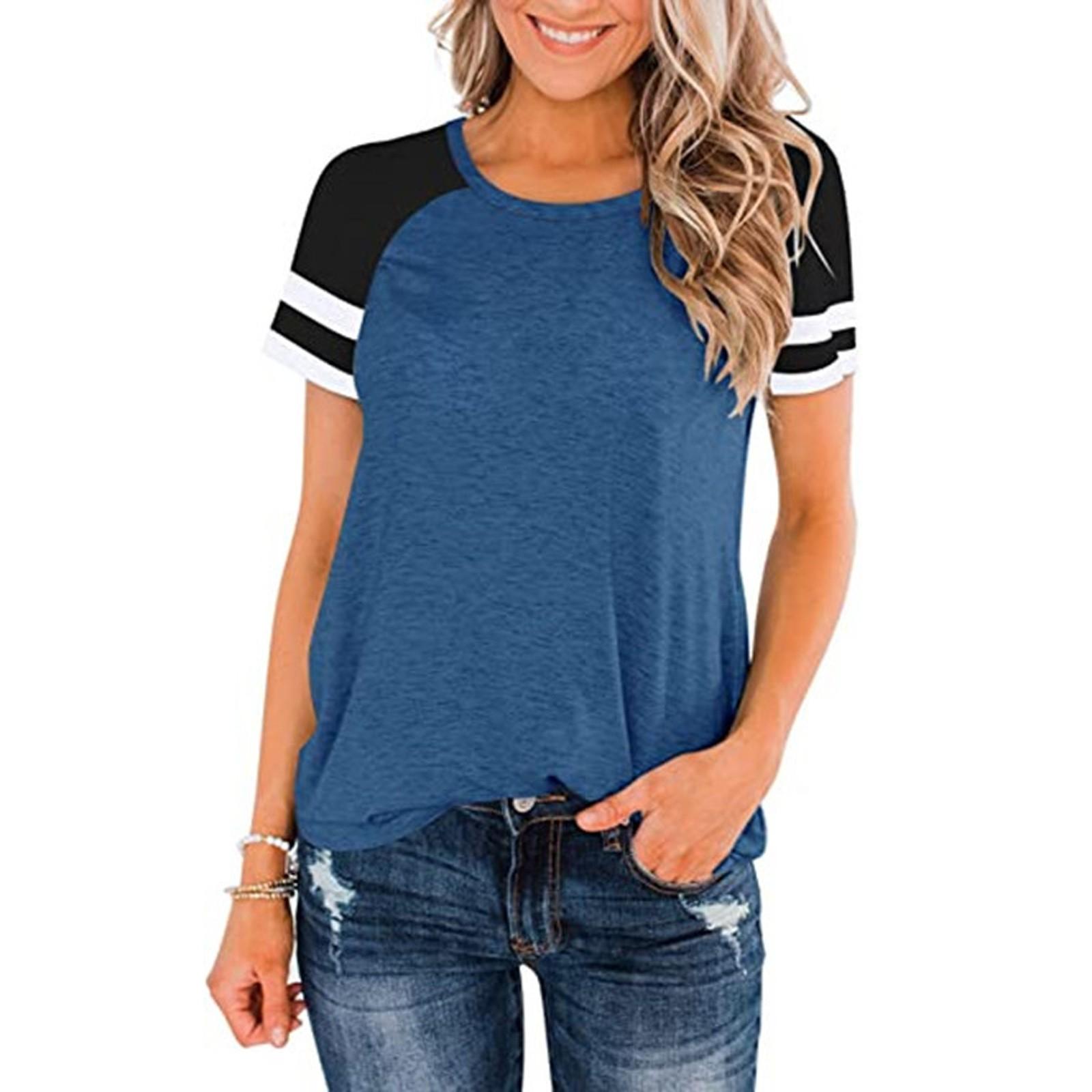 

Модные женские полосатые повседневные топы с круглым вырезом и короткими рукавами S синий
