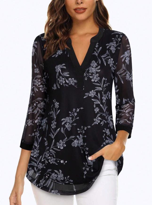 Women's European & American V-neck 3/4 Sleeve Printed Chiffon Loose Plus Size Top