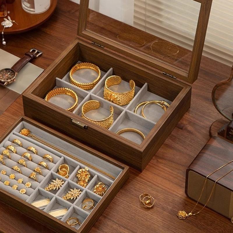 Walnut Wood Jewelry Organizer Box Moisture Proof Jewellery Holder Accessory Storage Container with Multiple Compartments