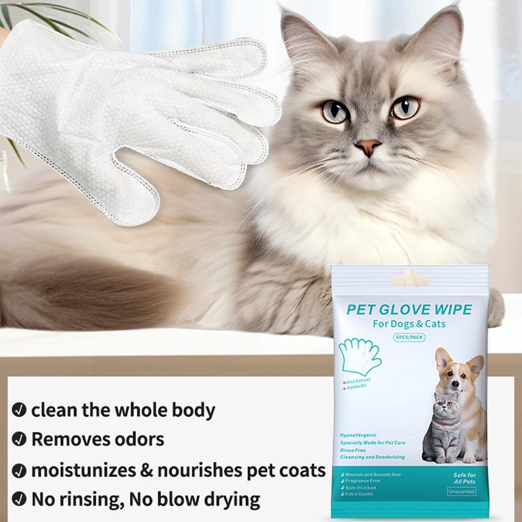Pet Glove Wipes for Dogs & Cats Hypoallergenic, Aloe & Jojoba Oil Infused, Cleansing & Deodorizing, 6 Pack
