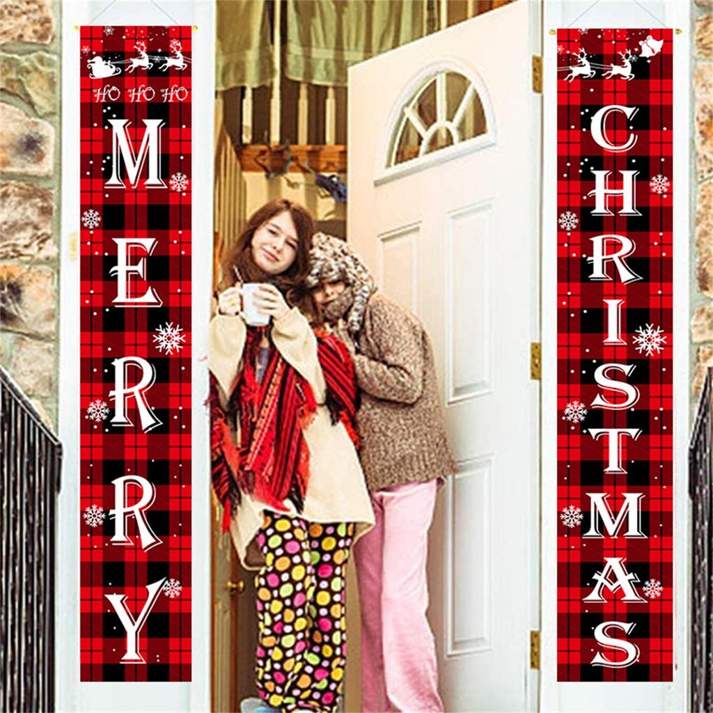 Merry Christmas Decorations Banner, Christmas Porch Sign Red Plaid Hanging Banners For Indoor Outdoor Front Door Wall Xmas Decor