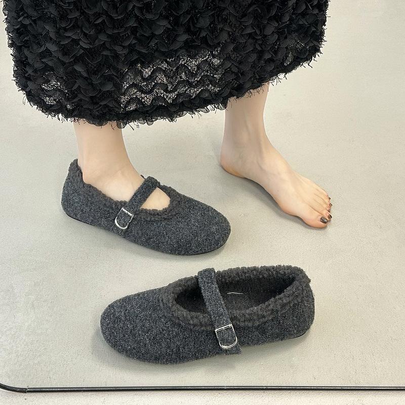 Leopard Fur Lining Women Flats Shoes Concise Round Toe Shallow Shoes Comfort Warm Cotton Outdoor Shoes For Autumn Winter