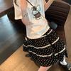 Women's Sweet Black A-line Skirt with Brown Sugar Rose Lace & Polka Dots - Thin Summer Style