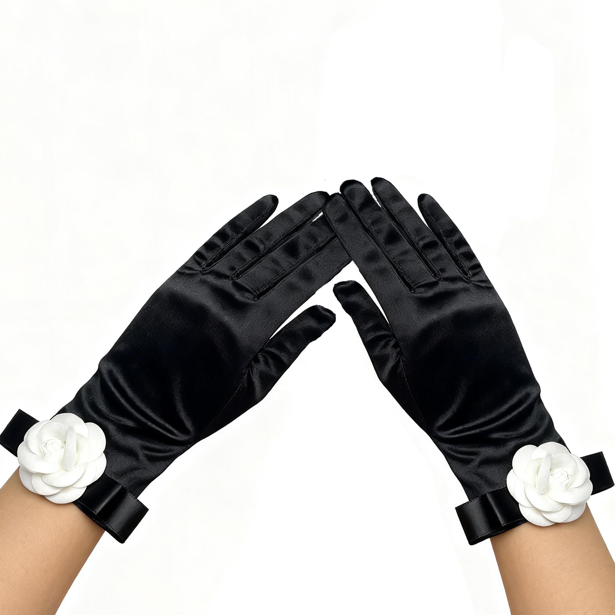 

Короткие перчатки Женские атласные перчатки длиной до запястья, с цветочным дизайном, для оперы, банкета, вечеринки в стиле 1920-х, свадьбы, костюма на Хэллоуин, чаепития чёрный