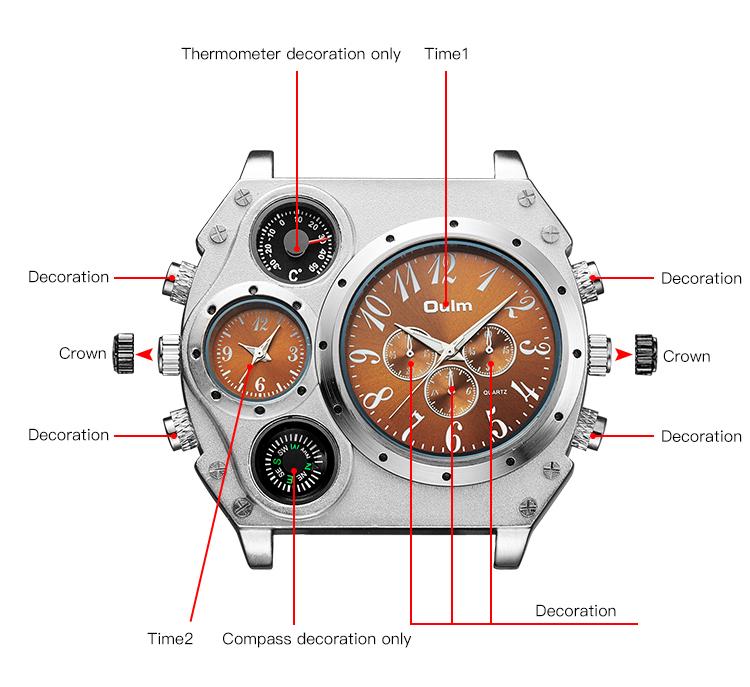Oulm New Style Large Men's Watch Luxury Brand Men Quartz Watch Men Two Time Zone Leather Sport Wristwatches