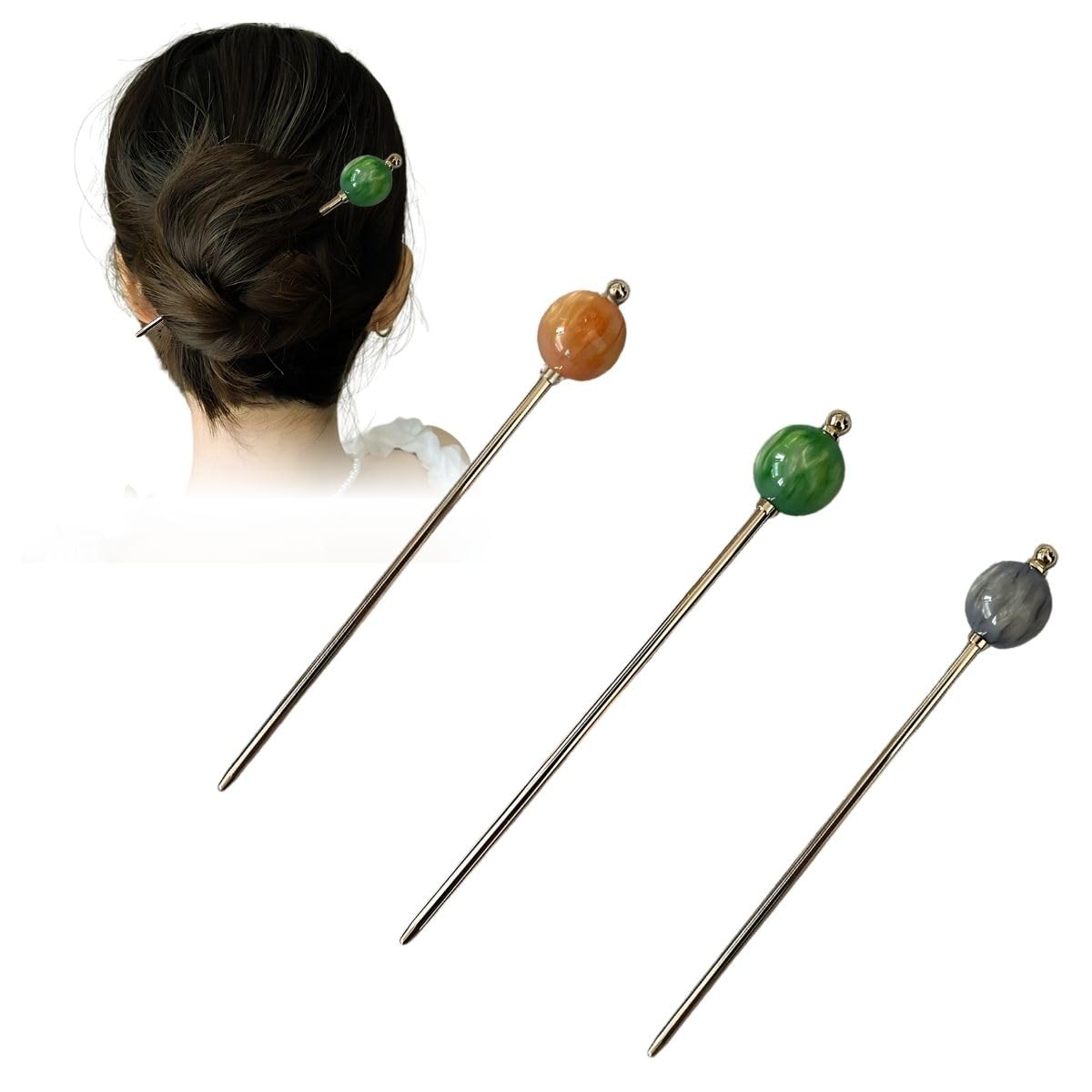 

PITAPURO Kanzashi Hairpin Set of with for Simple and Modern and Acrylic Resin 3, Beads, Kimono, Style, Orange, Green, Gray, Shaft Alloy, Beads