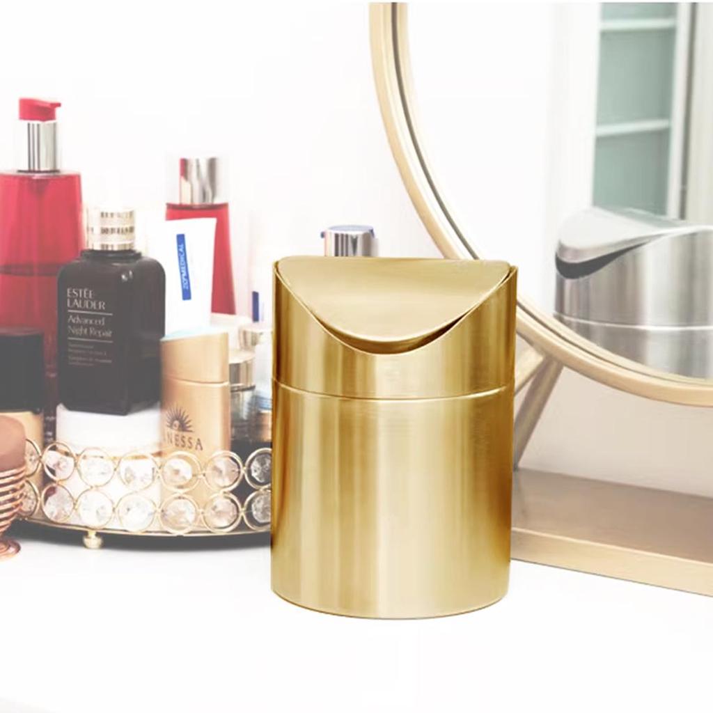 Gold Desktop Trash Can - 304 Stainless Steel Mini Bin with Lid, Light Luxury Storage Basket