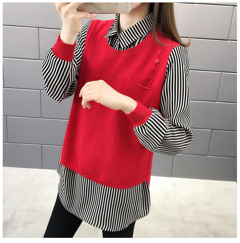 Sweater Women Autumn New Outer Wear Loose Shirt Collar Fake Two Piece Knit Sweater