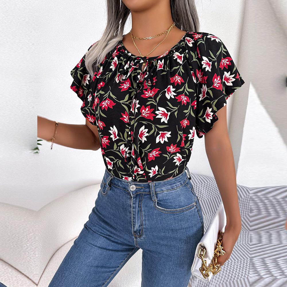 Frauen Frühling Sommer Lose Rüschen Spitze Up Chiffon Top Für Damen O Neck Fliegende Ärmel Floral Blusen