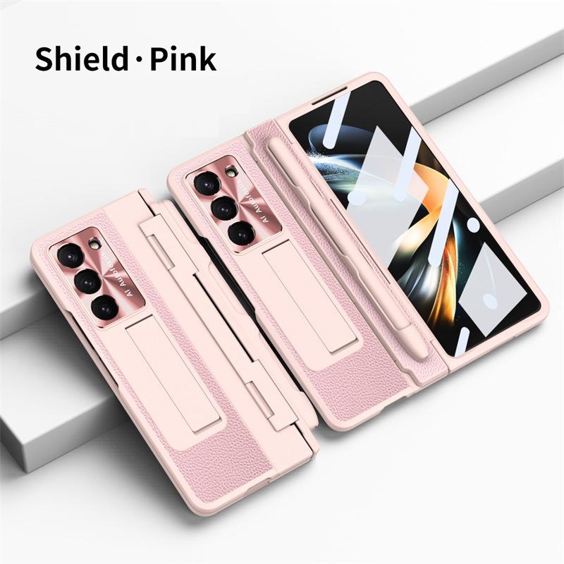 Full Protection Hinge Case for Samsung Galaxy Z Fold8 Ultra / 7 6 5 4 3 Plating PC+Leather Tempered Film Folding Kickstand Cover