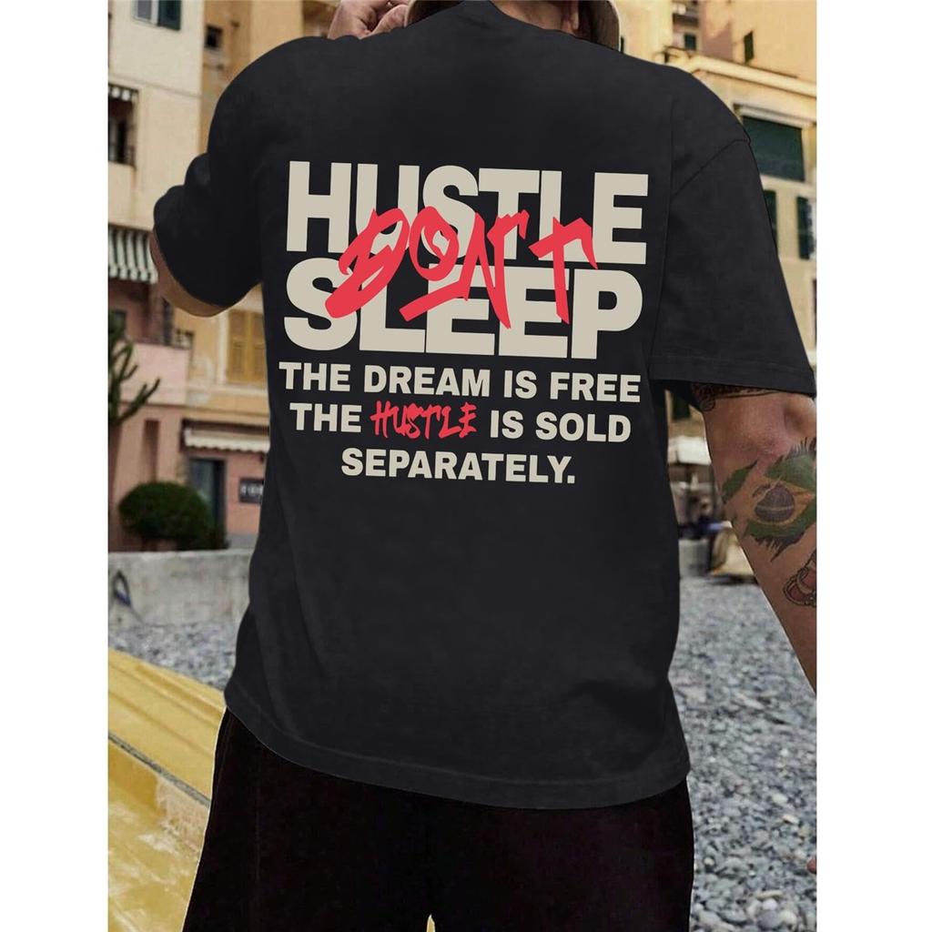 Men's "Hustle" Themed Motivational Quote Tee, Urban Streetwear Oversized Short Sleeve Top