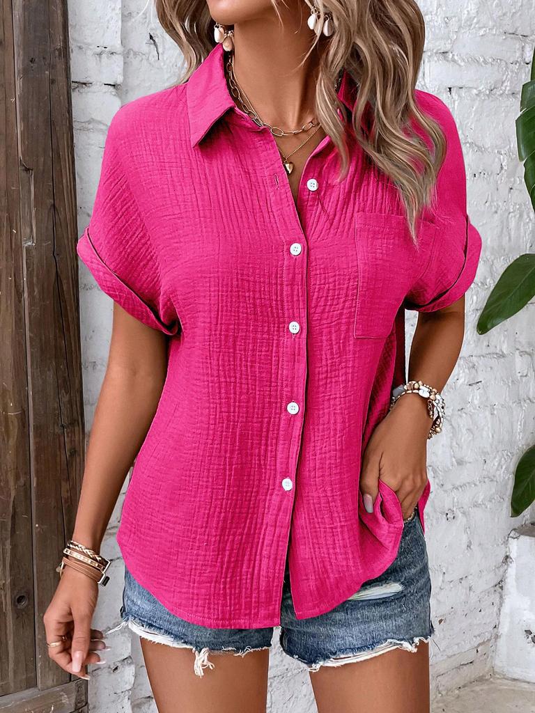 2024 Summer Women's Casual Solid Color Crinkle Fabric Batwing Sleeve Button-Down Shirt