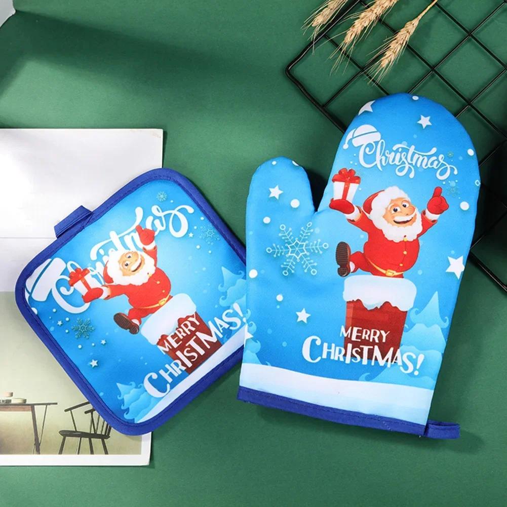 Kitchen Gloves Insulation Merry Christmas Pad Cooking Microwave Gloves Baking BBQ Oven Pot Holders Oven Mitts Potholder Pad