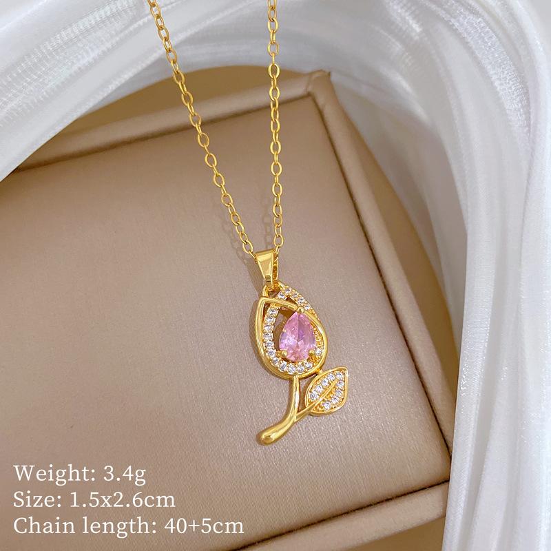 Розовый Тюльпан Легкая Роскошь Темперамент Великолепное Полное Ожерелье с Бриллиантами Женская Универсальная Цепочка на Ключицу Цепочка из Титановой Стали