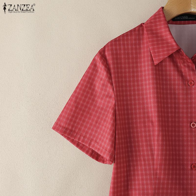 ZANZEA Women Casual Turn Down Collar Short Sleeve Grid Print Blouse