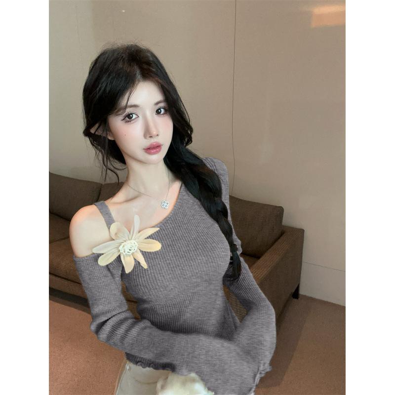 Irregular Oblique Neck Three-dimensional Flower Knitted Sweater Suspender Off-Shoulder Spice Girl Fungus Edge Sweater Women's Versatile Sweater