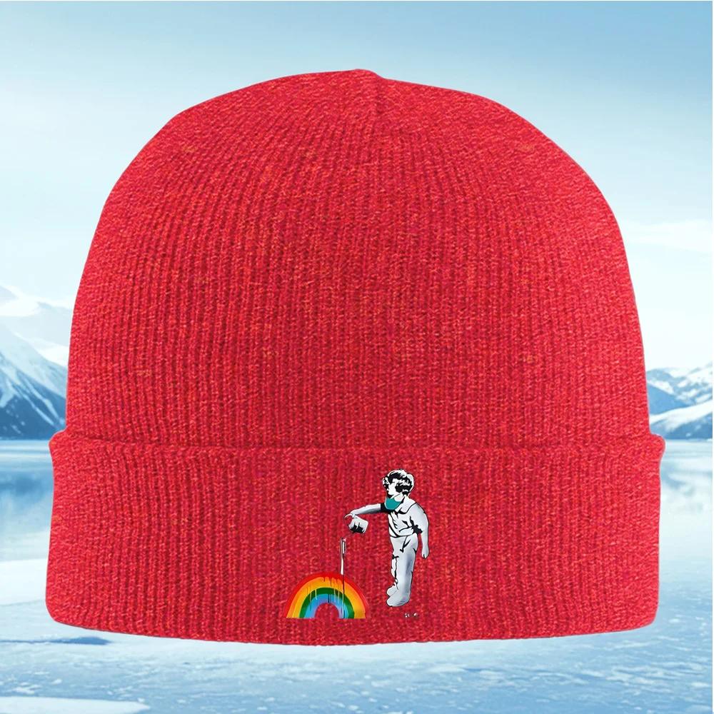 Person painting rainbow with mask Unisex Women Unisex Knitted Hat Beanie Pullover Cap Winter Thermal Warm Christmas Outdoor Cycling