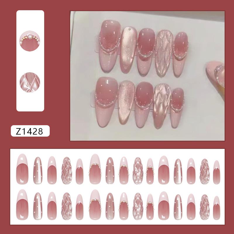 Z1428 Peach Milk Cover Cat Eye False Nails Long Almond Glue On Nails For Women Sweet European Style