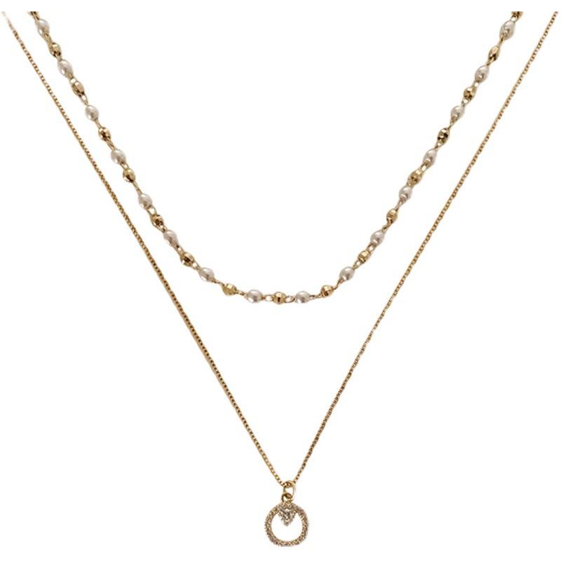 Double-layered Pearl Ring Pendant Necklace - Fashionable Accessory for Women, Collar Chain, Elegant Neck Chain