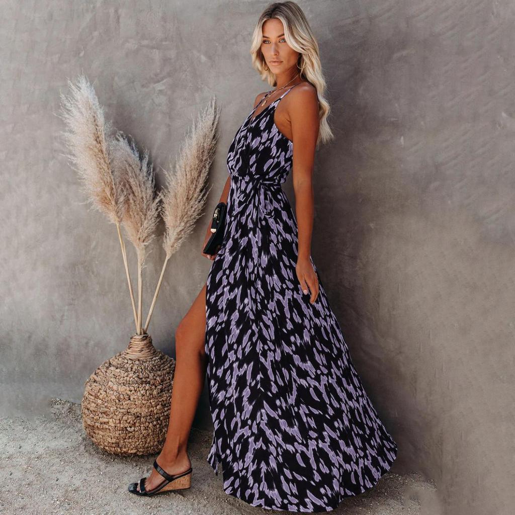 Sommerkleid für Damen, Neckholder, offener Neckholder, V-Ausschnitt, elastische Taille, sexy Print, langes Kleid