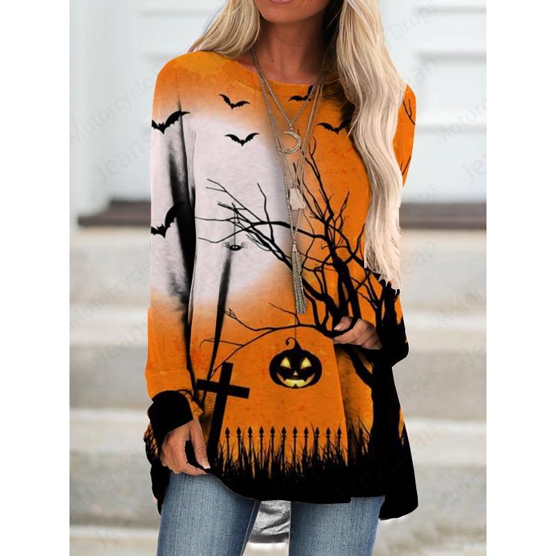 T-shirt à Manches Longues Imprimé 3D Joyeux Halloween Mode Femme Col Ras du Cou Ample Tunique Tops Vêtements d'Automne pour Femmes Tops Femme Style Y2k