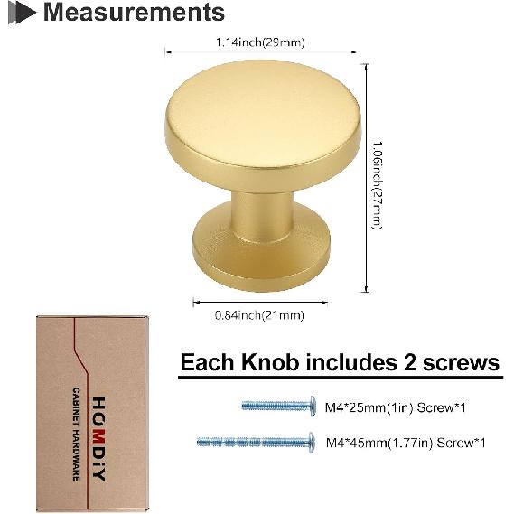 Homdiy 5 Pack Cabinet Knobs Gold Dresser Drawer Knobs - Brushed Brass Cabinet Pulls Kitchen Cabinet Hardware