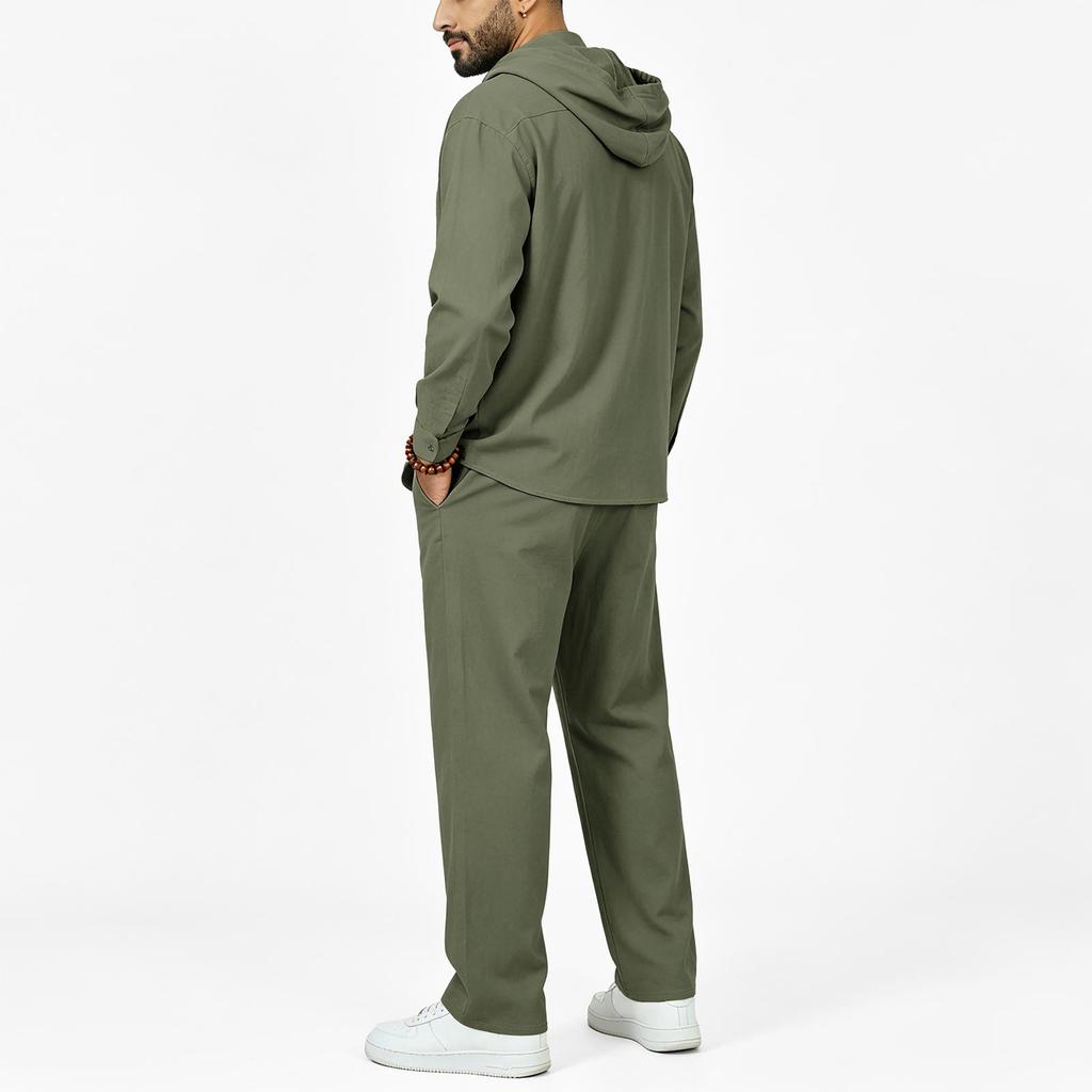 Men's Linen Hoodie Set Half Zip Pullover Long Sleeve Sweatshirt with Drawstring Pants Two Piece Lounge Set