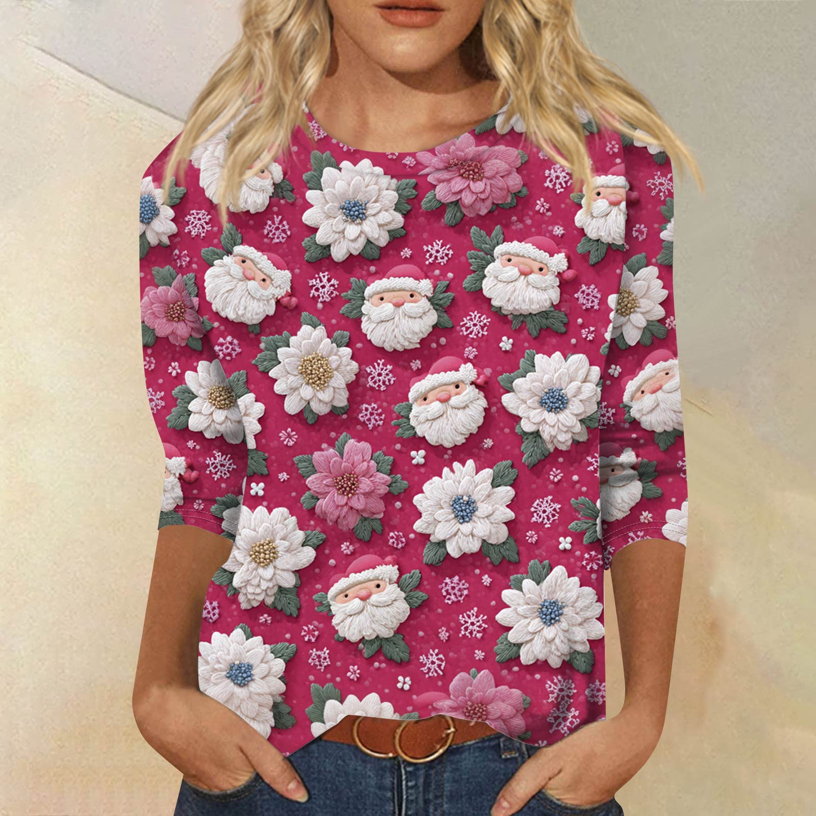 

Жіноча модна повсякденна вільна футболка з принтом і круглим вирізом з рукавом 3/4 L