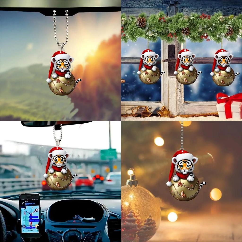 Car Interior Ornament Keyring With Cute Tiger Wearing Christmas Hat Design Acrylic Pendant For Travel And Gift